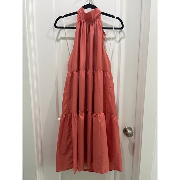 NWT Theory Tiered Halter Neck Mini Dress in Pink Coral Sz L - Picture 2 of 9
